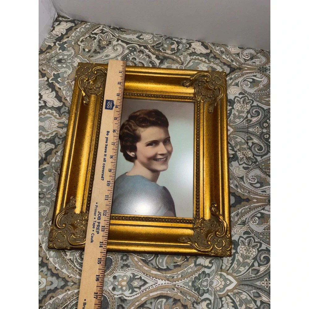 Vintage Ornate Gold Picture Frame Mid Century Hand Colored Portrait 15.5x13.5